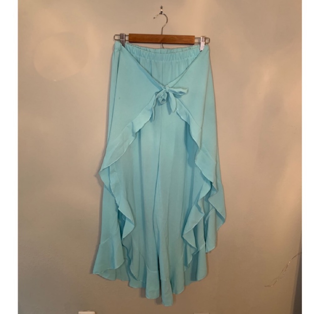 Blue Elastic Waist Ruffle Hem Wide Leg Wrap Pants